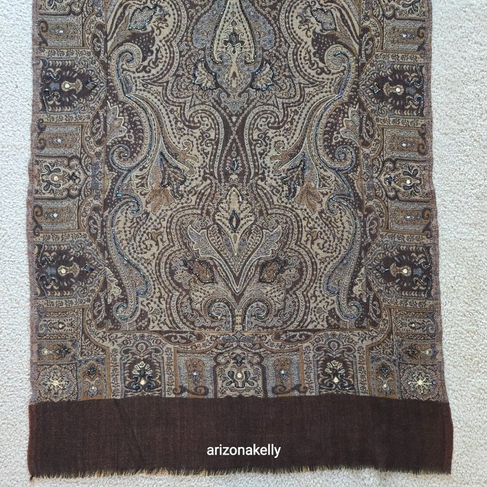 NWOT Milson & Lewis Wool Scarf Jacquard Beaded Shawl Brown